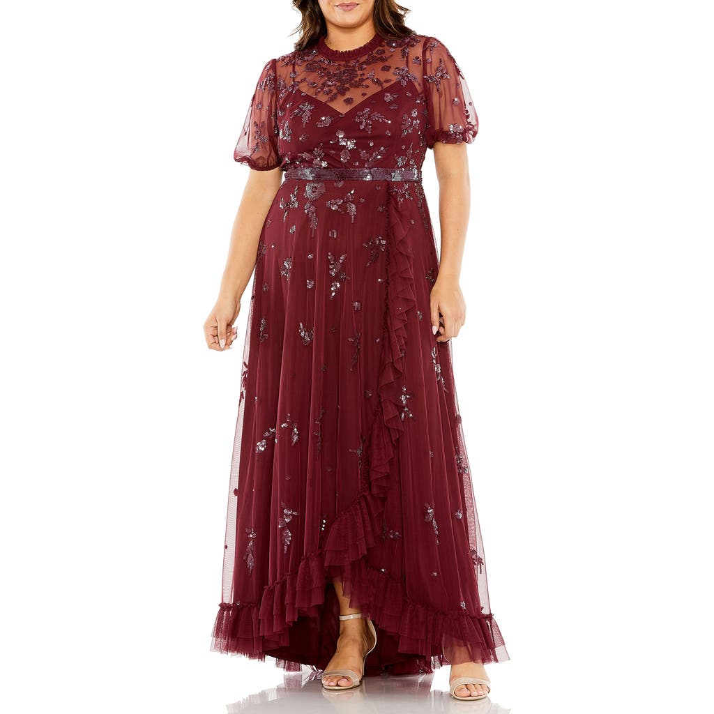 Mac Duggal High Neck Puff Short Sleeve Embellished Faux Wrap In Burgundy