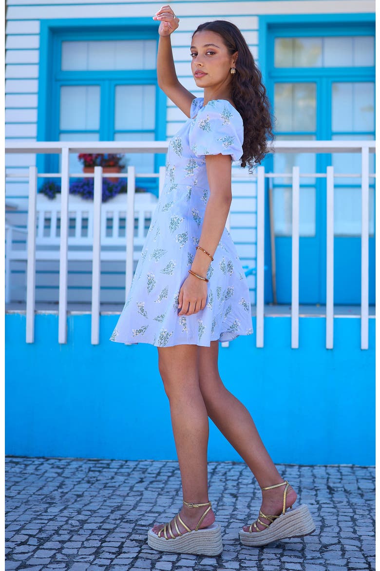 Cotton Floral Puff Sleeve Skater Dress, Alternate, color, Blue