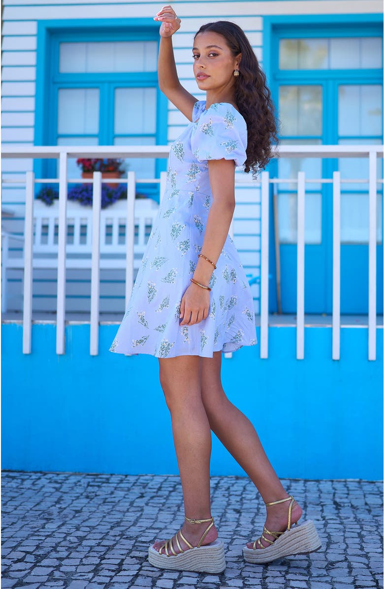 Yumi Cotton Floral Puff Sleeve Skater Dress, Alternate, color, Blue