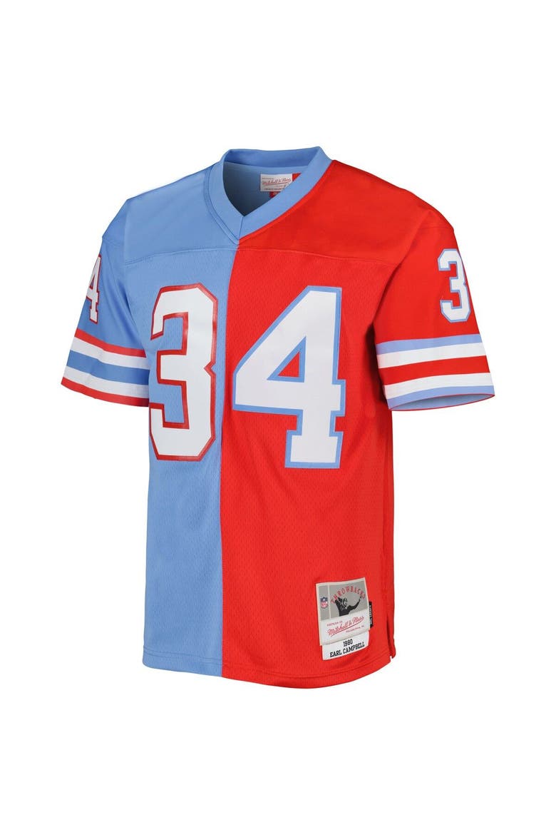 Men's Mitchell & Ness Earl Campbell Red/Light Blue Houston Oilers Gridiron Classics 1980 Split Legacy Replica Jersey, Alternate, color, Red
