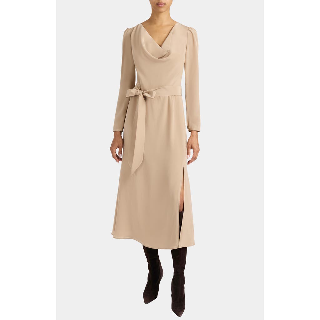 Santorelli Piper Long Sleeve Cowl Neck Silk Dress In Neutral