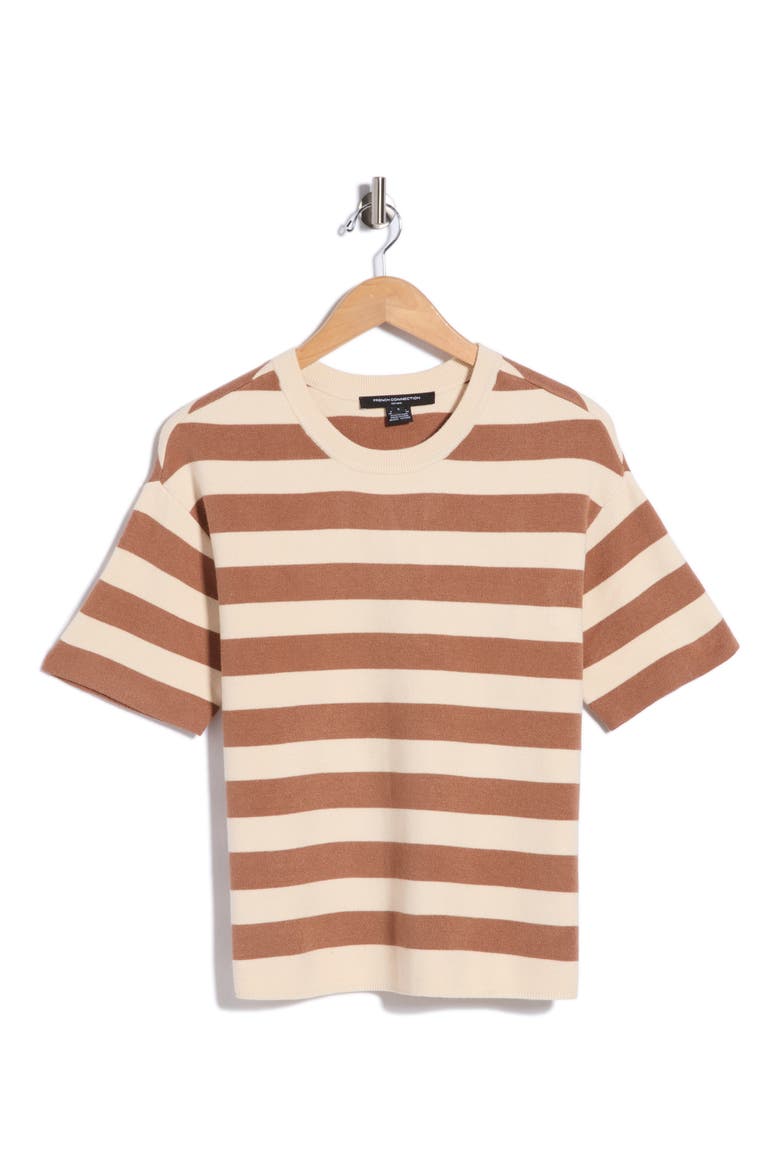 Stripe Short Sleeve Sweater, Alternate, color, CAFE/ ECRU STRIPE