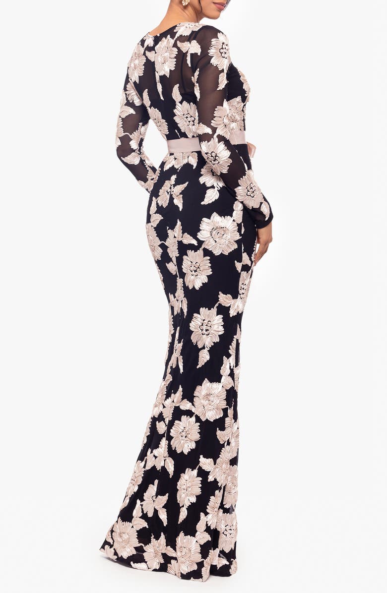 Betsy & Adam Floral Appliqué Long Sleeve Dress, Alternate, color, Black/ Champagne