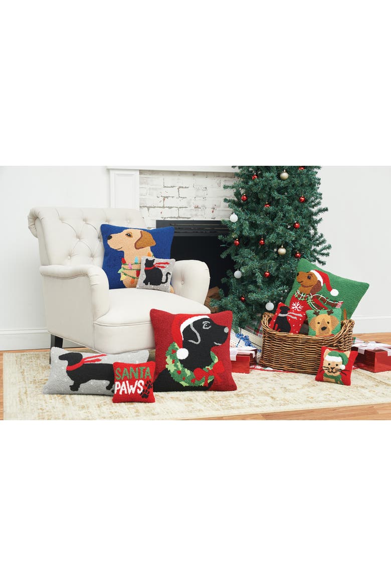 Winter Christmas Black Dog with Scarf Silhouette Mini Hooked Accent Pillow 8" x 8", Alternate, color, Red