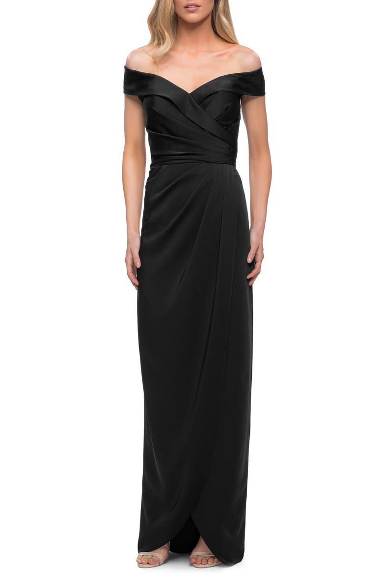 Long Jersey Dress with Ruching and Cap Sleeves, Main, color, BLACK