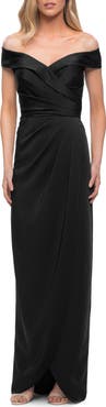 La Femme Long Jersey Dress with Ruching and Cap Sleeves