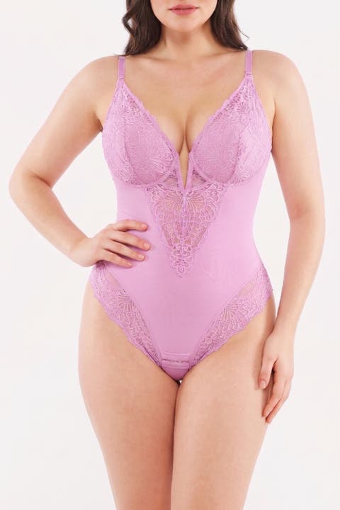 Plus Size Shapewear Lace Deep V-Neck Sculpting Thong Bodysuit
