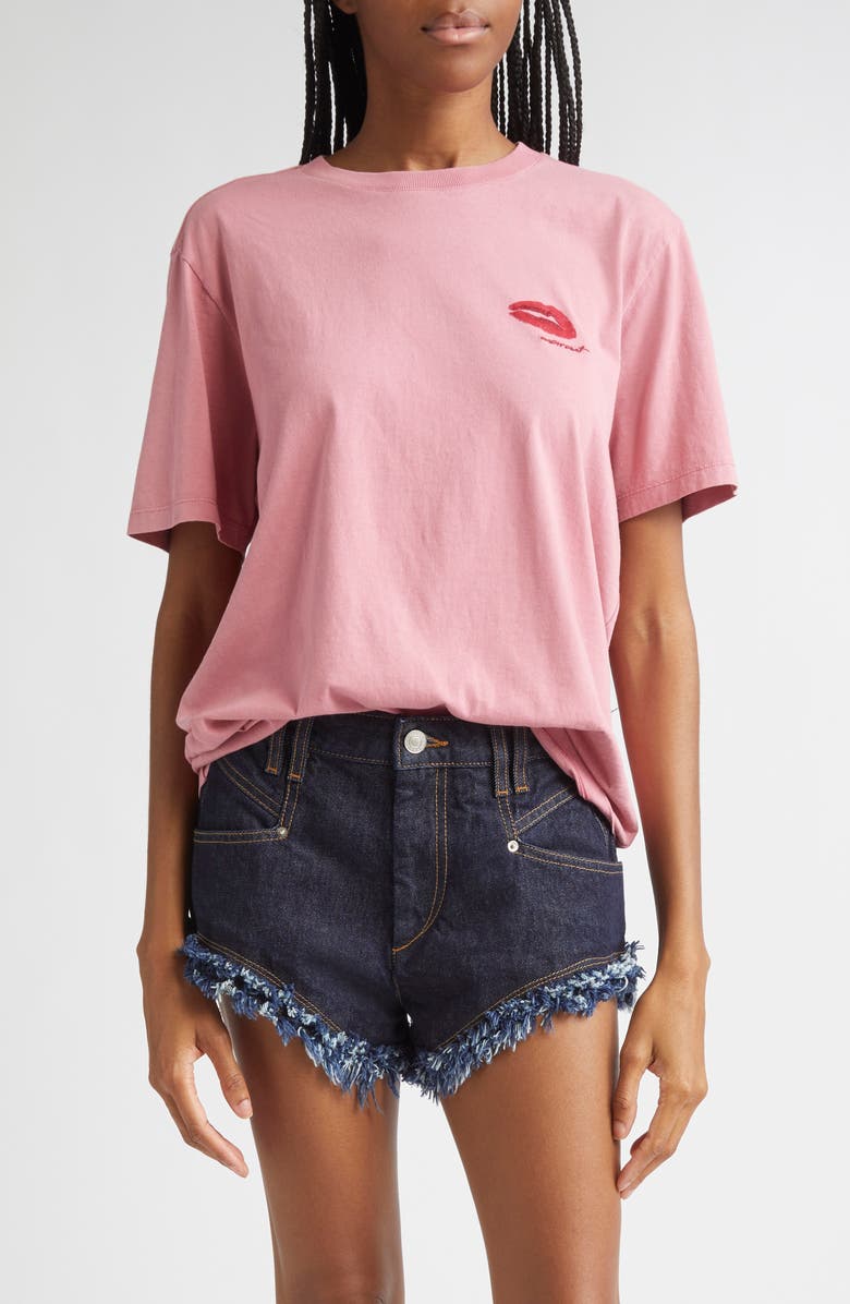 Isabel Marant Étoile Zewel Lips Embroidered Cotton T-Shirt, Main, color, Wild Rose