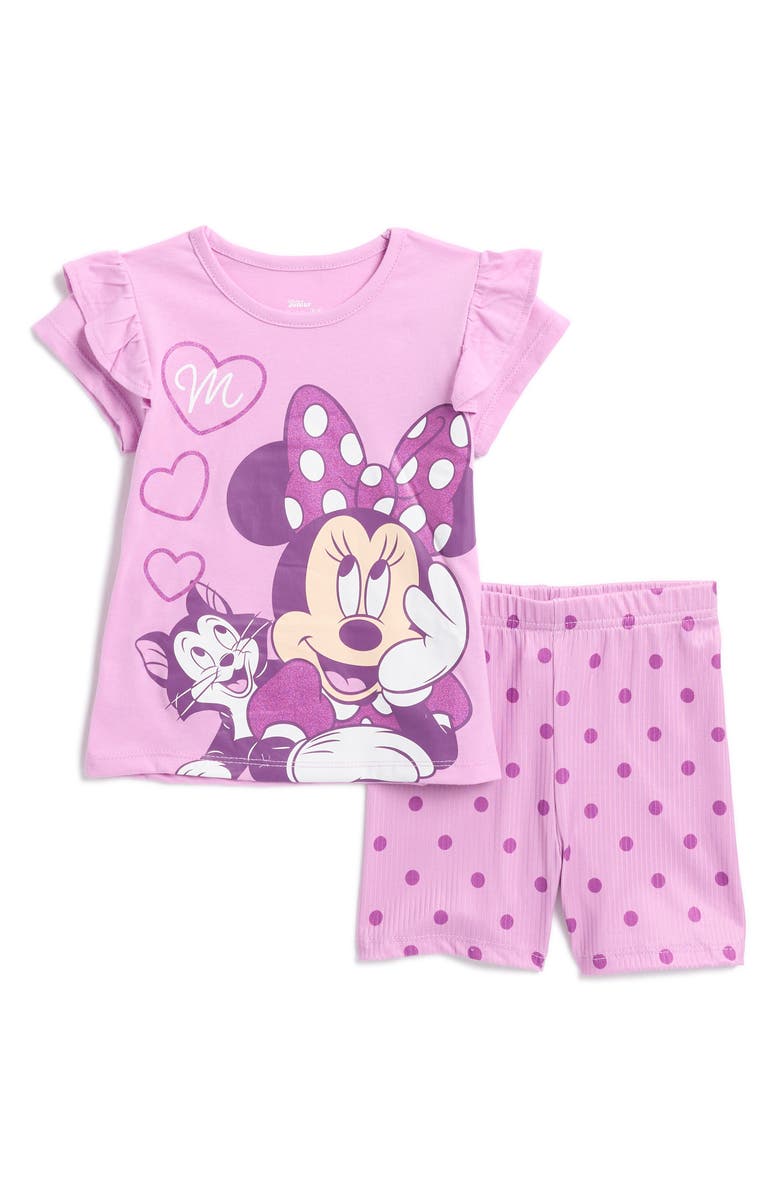Happy Threads Kids' Minnie Mouse Flutter Sleeve T-Shirt & Bike Shorts Set, Main, color, 