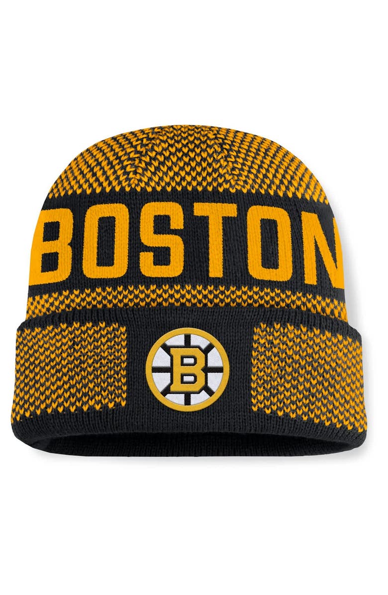 FANATICS Men's Fanatics Black/Gold Boston Bruins Fundamentals Shelter Cuffed Knit Hat, Main, color, Black