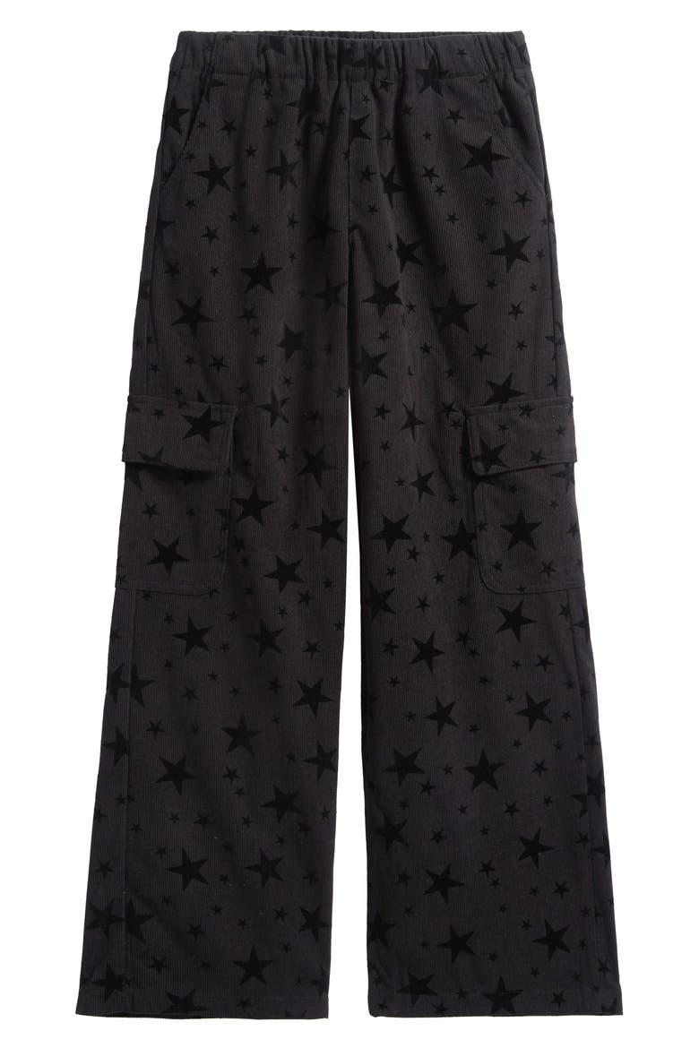 Kids' Star Print Wide Leg Corduroy Cargo Pants, Main, color, BLACK