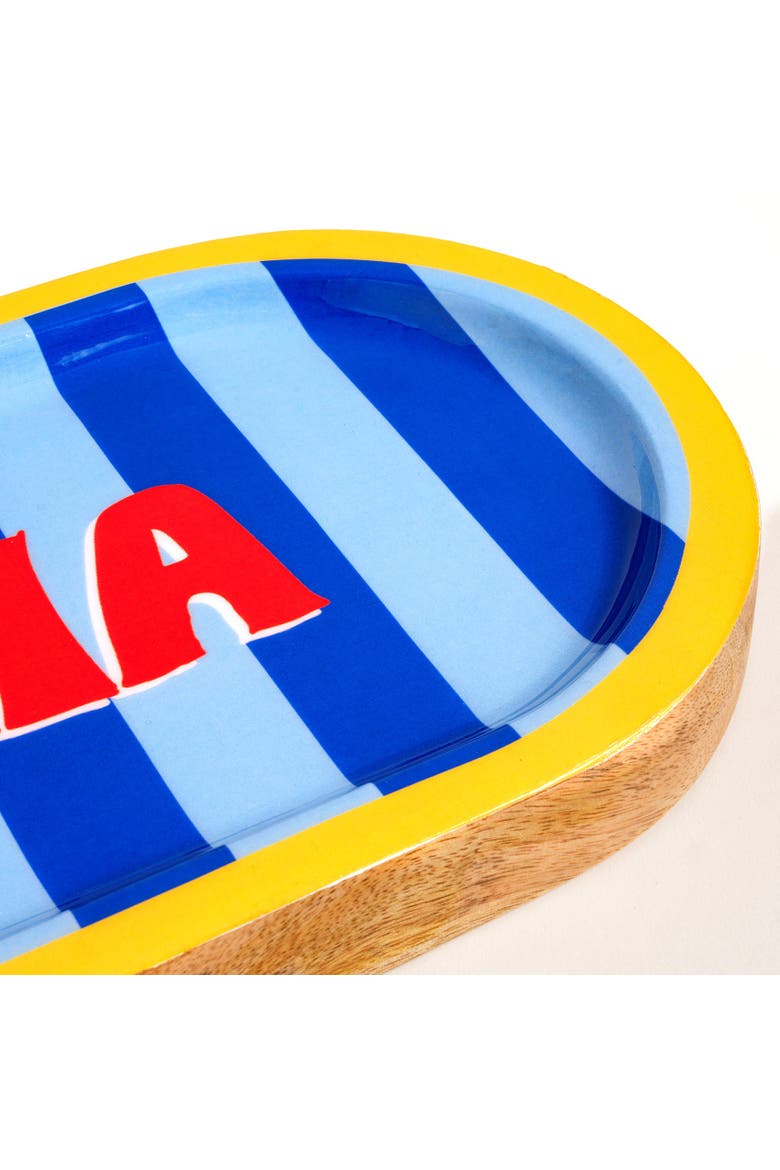 Lakri Oval Wood Serving Entertaining Stripe Artisan, Alternate, color, Blue