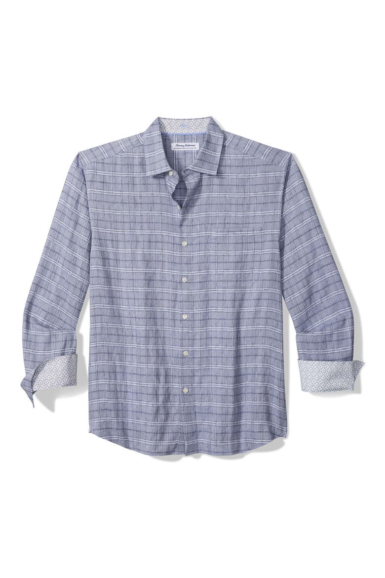 Barbados Breeze Playa Plaid Stretch Linen Blend Button-Up Shirt, Main, color, RAINCLOUD