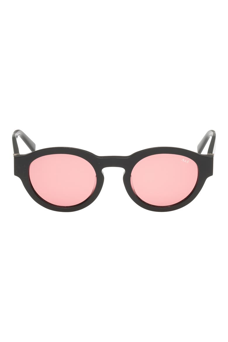 49mm Round Sunglasses, Main, color, SHINY BLACK / ROSE LENS