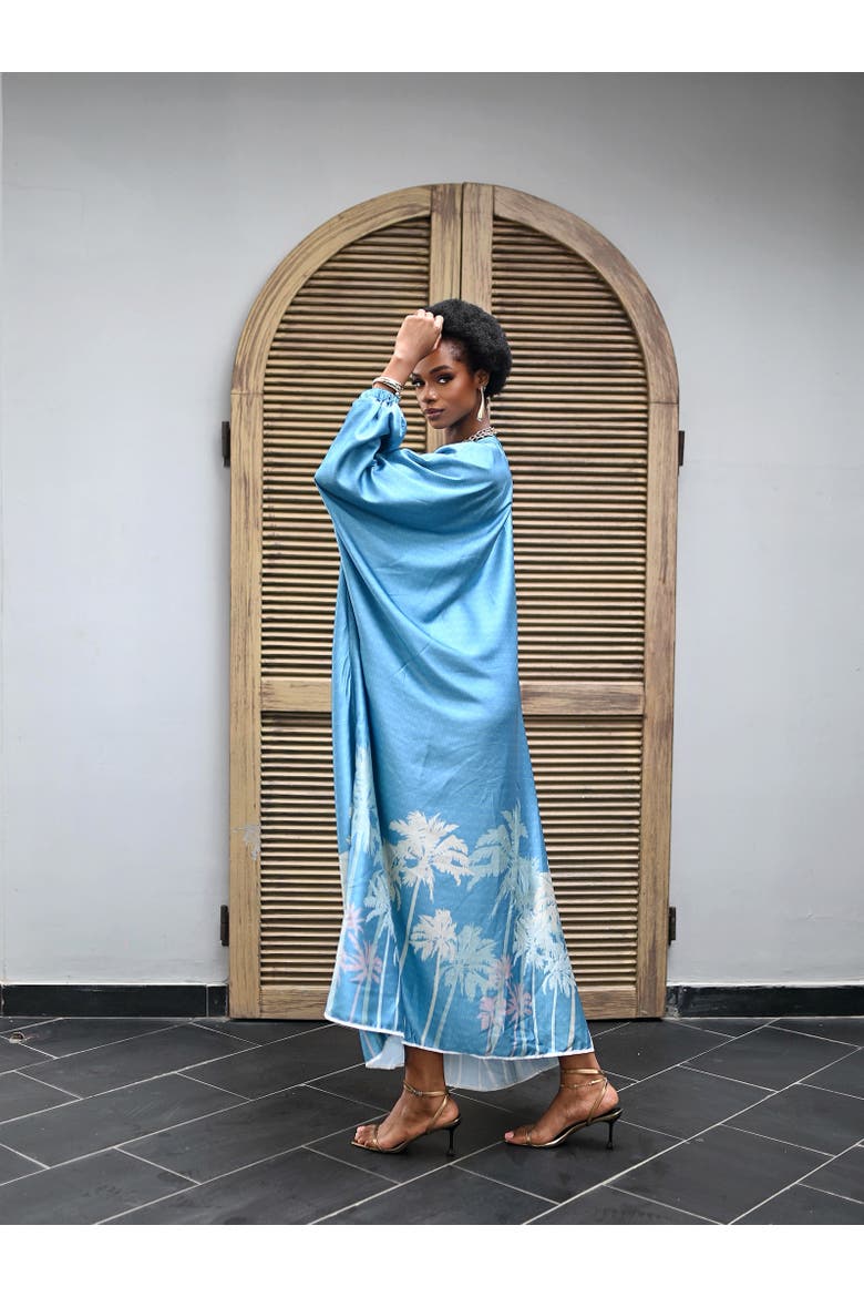 Azure Palm Print Caftan, Alternate, color, Turquoise Blue
