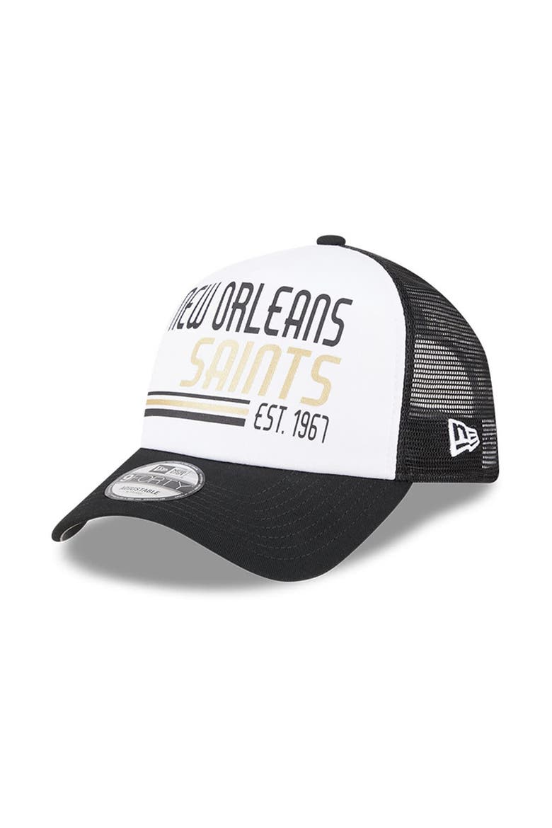 Men's New Era White/Black New Orleans Saints Stacked A-Frame Trucker 9FORTY Adjustable Hat, Main, color, White