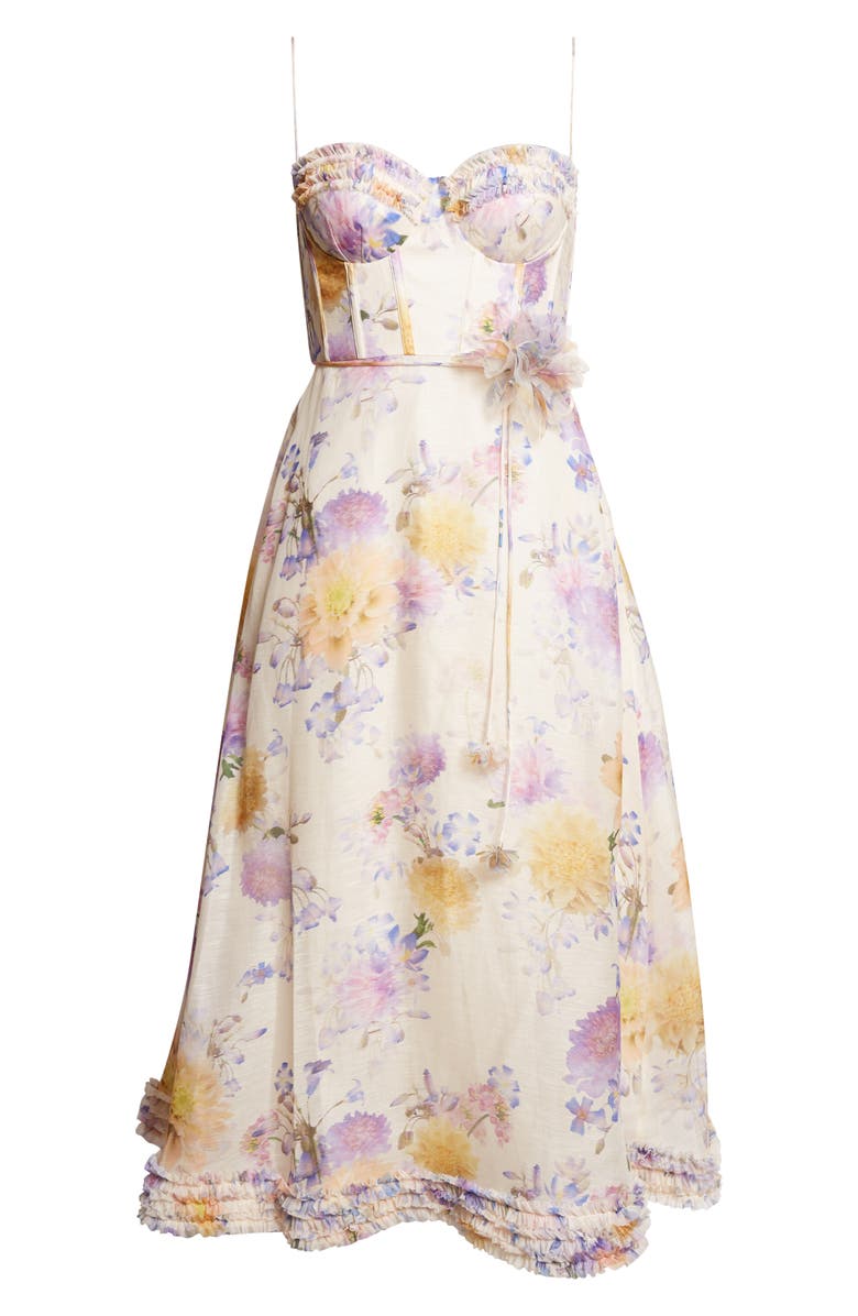 Zimmermann Luna Ruffle Linen & Silk Corset Midi Dress, Main, color, Cream Dahlia