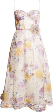Zimmermann Luna Ruffle Linen & Silk Corset Midi Dress