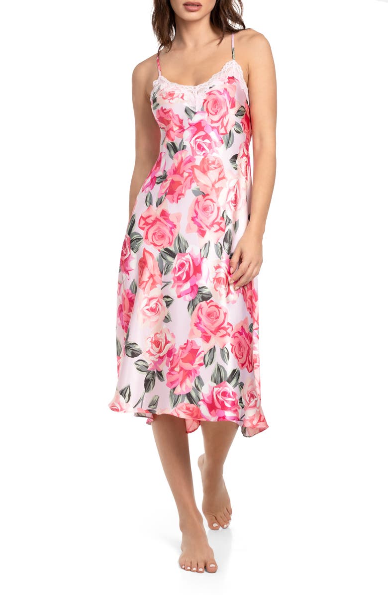 In Bloom by Jonquil Ella Floral Lace Trim Satin Nightgown, Main, color,