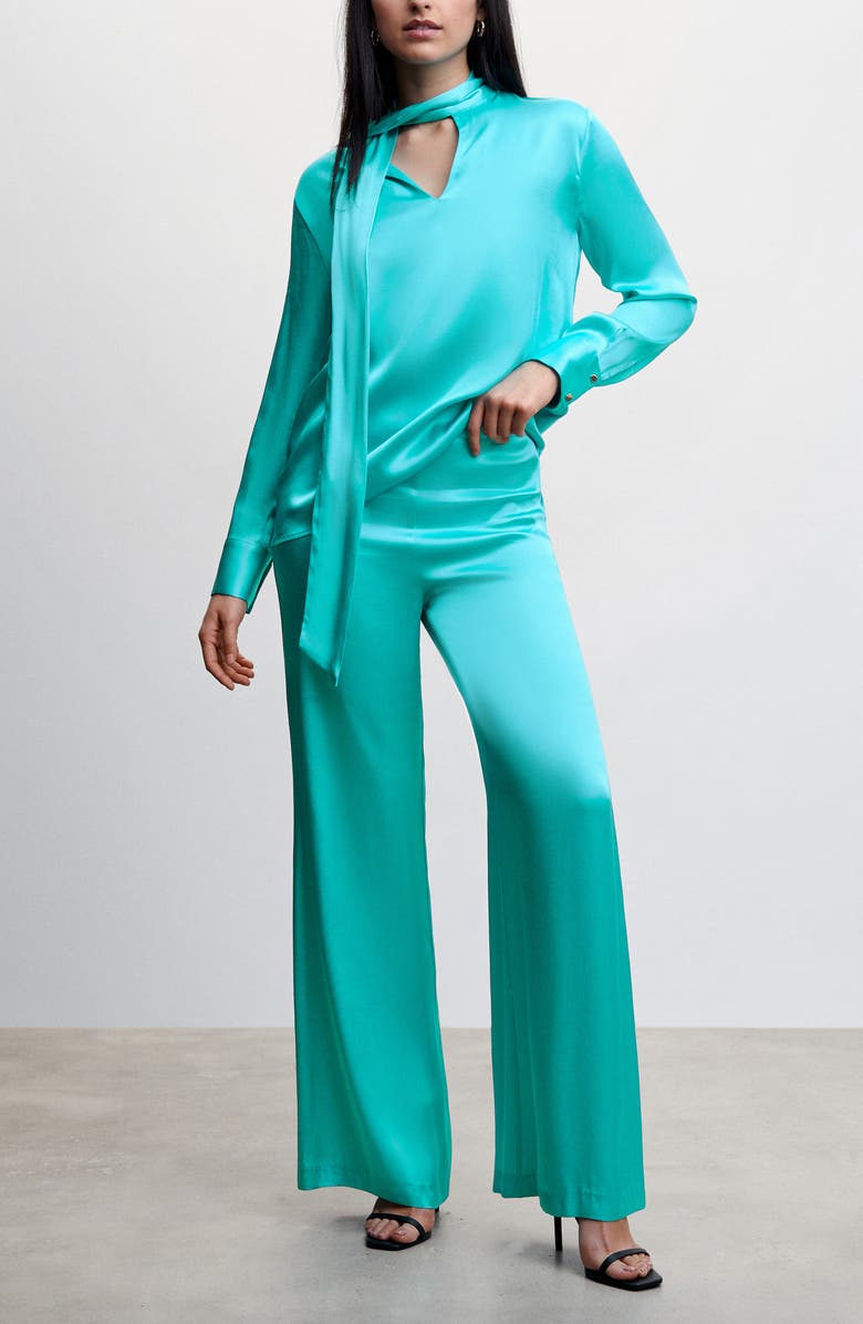 MANGO Satin Palazzo Pants, Alternate, color, Turquoise