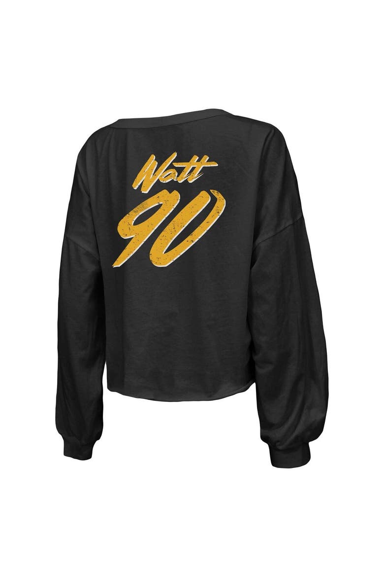 Women's Majestic Threads T.J. Watt Black Pittsburgh Steelers Name & Number Off-Shoulder Script Cropped Long Sleeve V-Neck T-Shirt, Alternate, color, Black