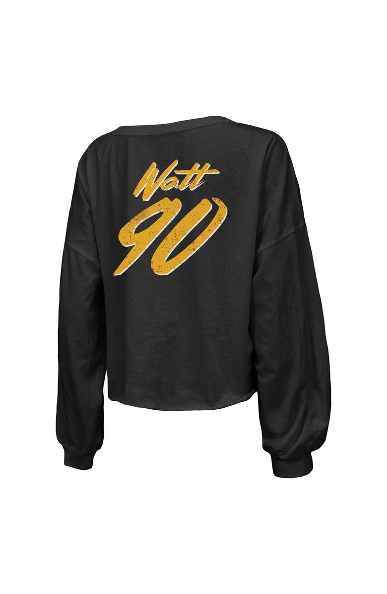 Majestic Threads Women's Majestic Threads T.J. Watt Black Pittsburgh Steelers Name & Number Off-Shoulder Script Cropped Long Sleeve V-Neck T-Shirt, Alternate, color, Black