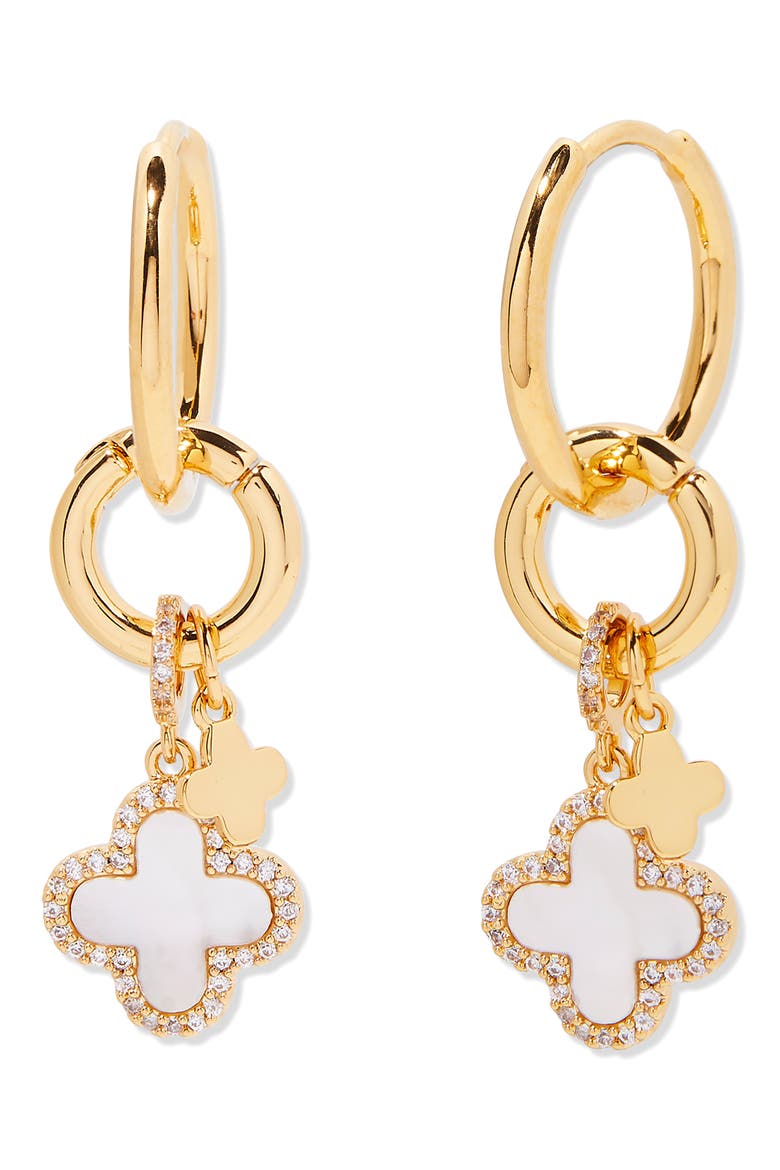 Chatham Mother-of-Pearl Clover Charm Huggie Hoop Earrings, Main, color, GOLD