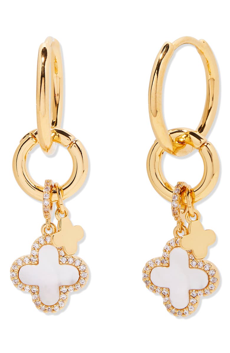 Brook and York Chatham Mother-of-Pearl Clover Charm Huggie Hoop Earrings, Main, color, Gold