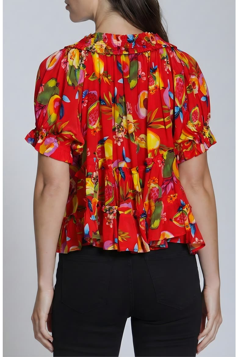 Tiered Ruched Tie Neck Top, Alternate, color, RED MULTI