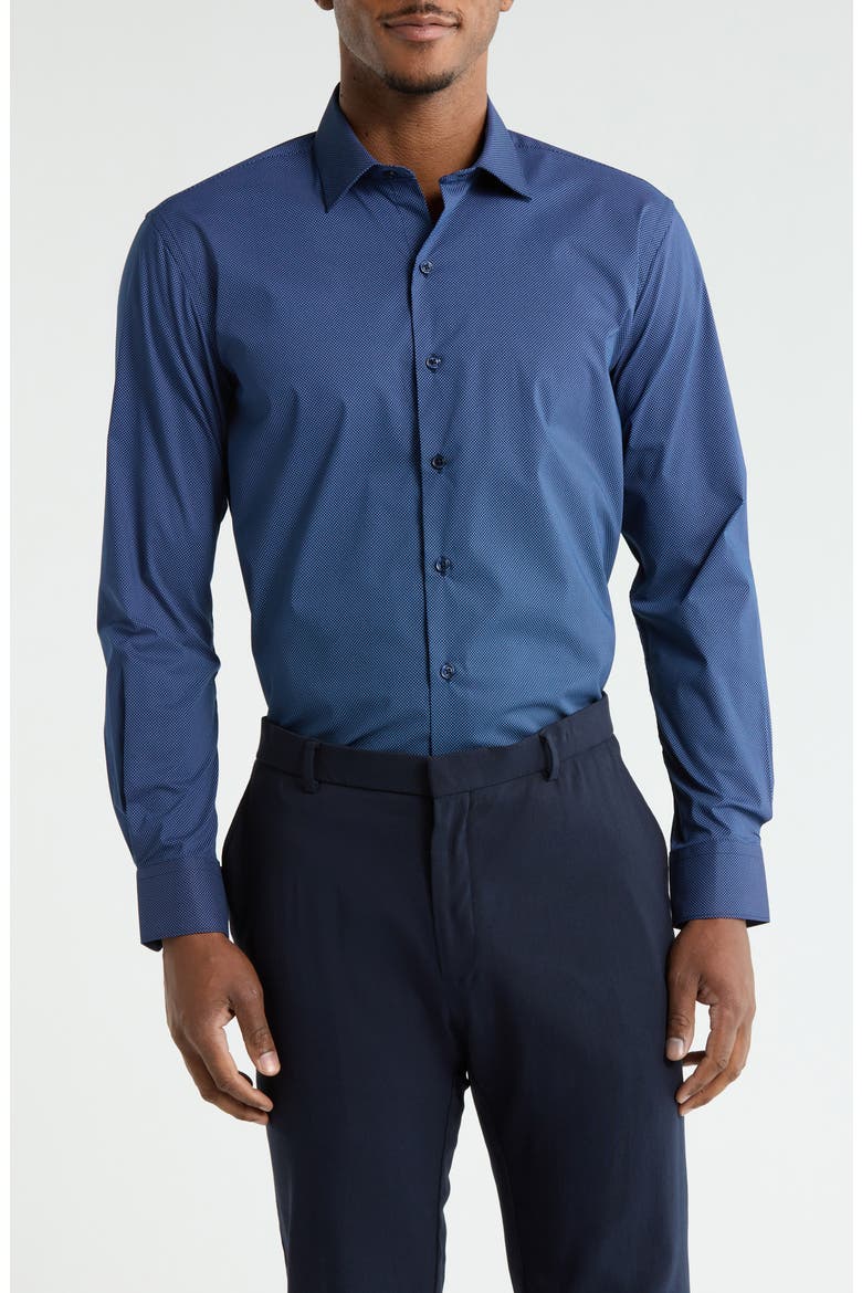 Slim Fit Mini Dot Print Stretch Dress Shirt, Main, color, NAVY LIGHT BLUE