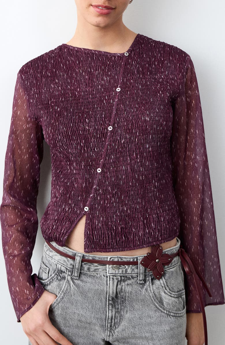 MANGO TEEN Asymmetric Smocked Button-Up Top, Main, color, 