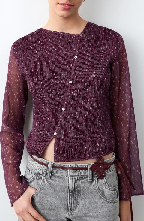 Asymmetric Smocked Button-Up Top