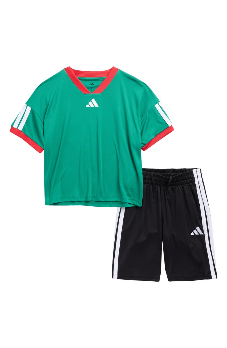 adidas Kids' 3-Stripe T-Shirt & Shorts Set, Main, color, Bold Green