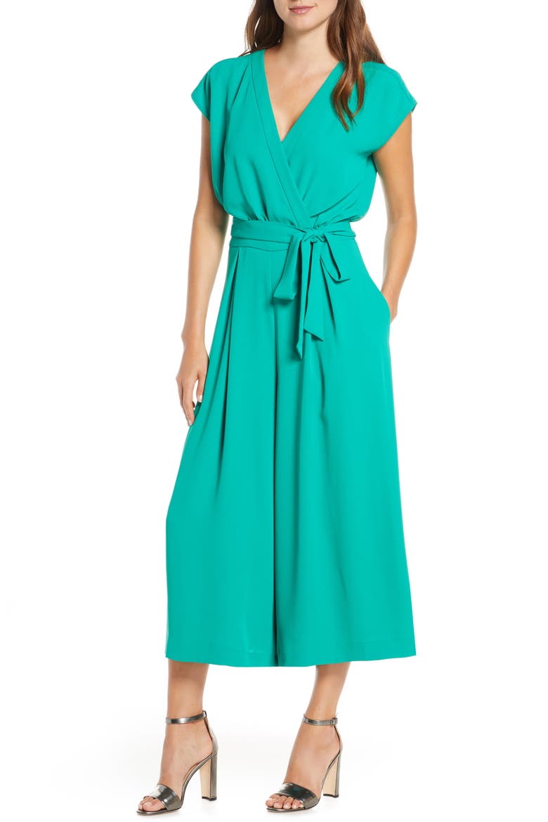 Faux Wrap Crop Jumpsuit, Main, color, KELLY GREEN