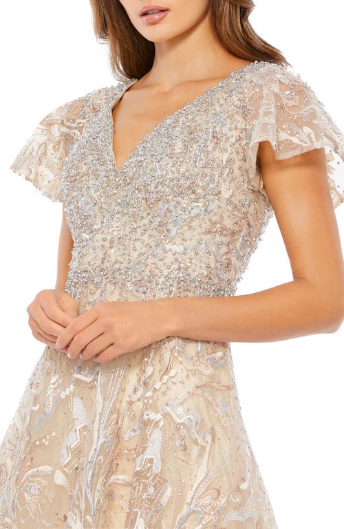 Mac Duggal Embellished Illusion Butterfly Sleeve A-line Gown In Champagne Gold
