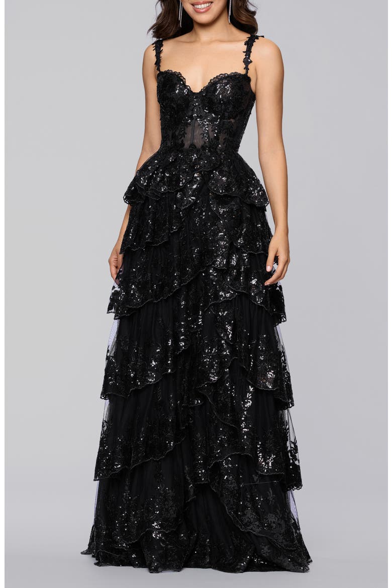 Sequin Layered Ruffle Ballgown, Main, color, BLACK
