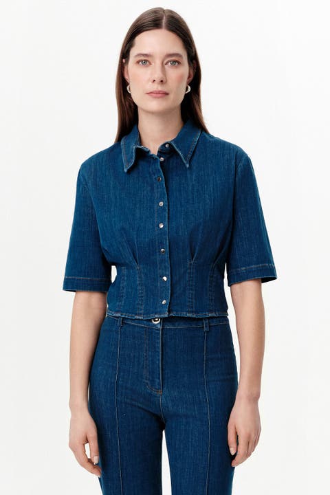 Snap Button Denim Shirt With Pleated Waist