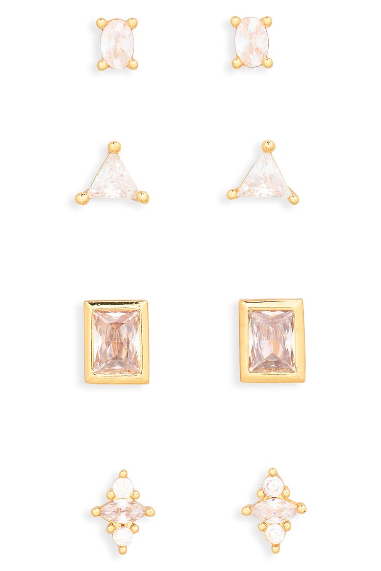 Set of 4 Cubic Zirconia Stud Earrings, Alternate, color, CLEAR- GOLD