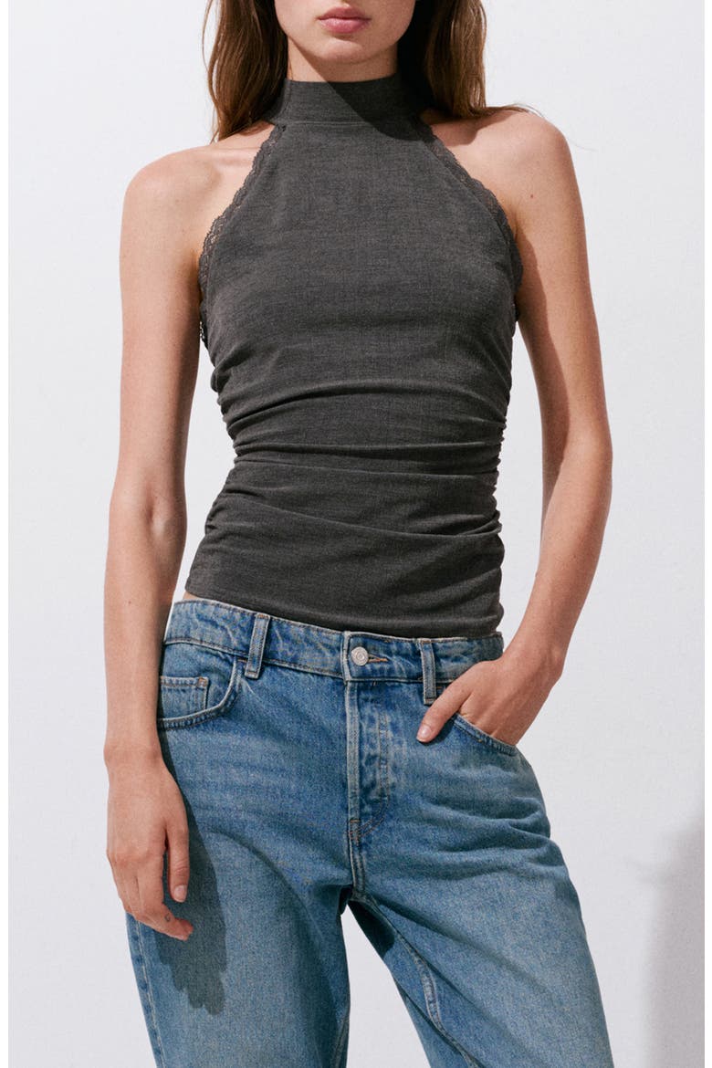Lace Trim Mock Neck Top, Main, color, GREY
