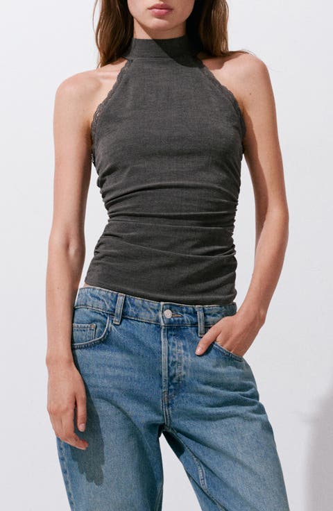 Lace Trim Mock Neck Top