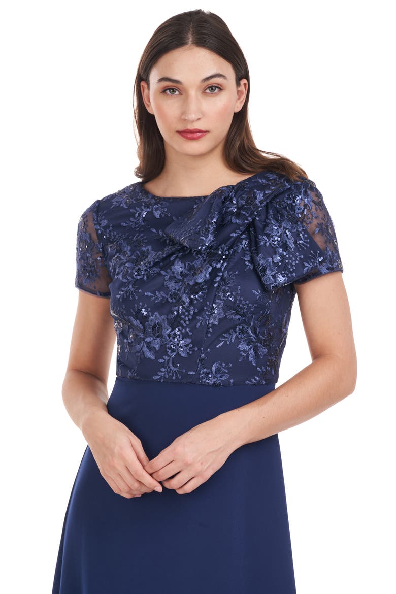 Rae Floral Embroidered Bow Detail A-Line Gown, Alternate, color, NAVY