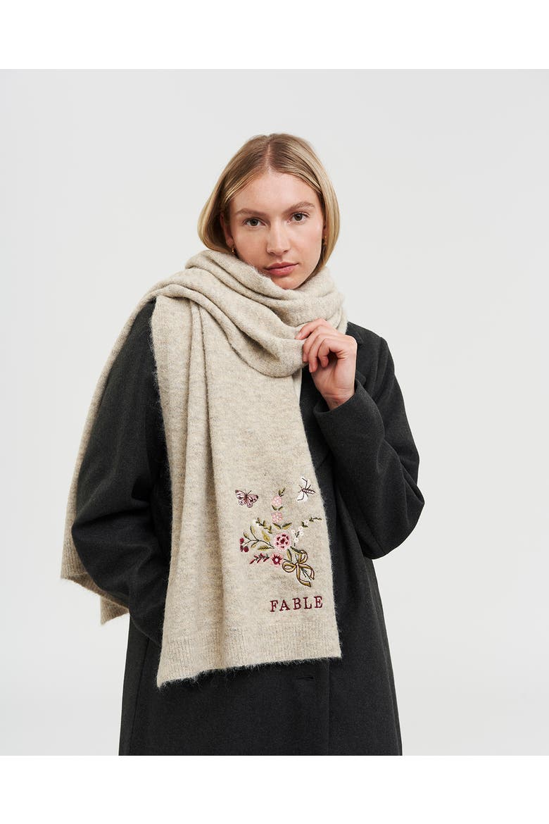 Eve Floral Embroidered Knitted Scarf, Alternate, color, Oat