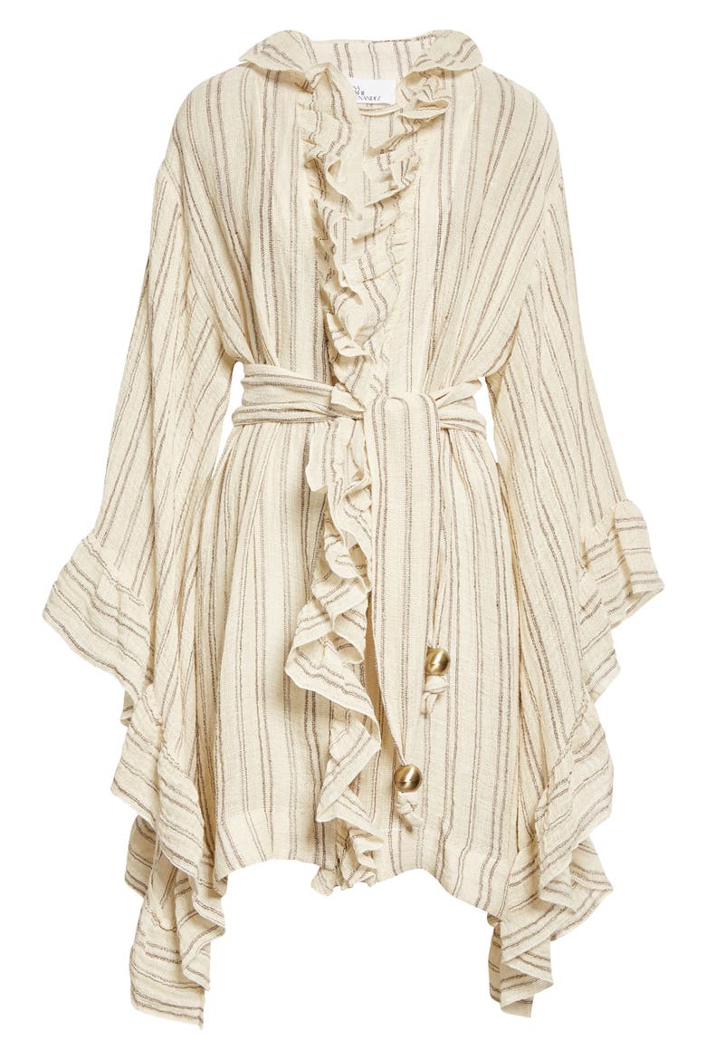 Anita Ruffle Linen Blend Cover-Up Robe, Alternate, color, NATURAL BROWN STRIPED