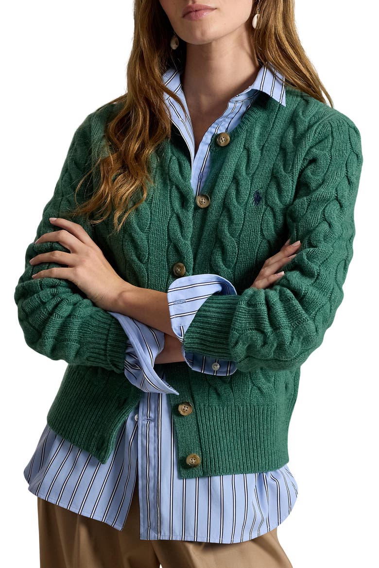 Cable Knit Wool & Cashmere Cardigan, Main, color, CLOVER GREEN HEATHER