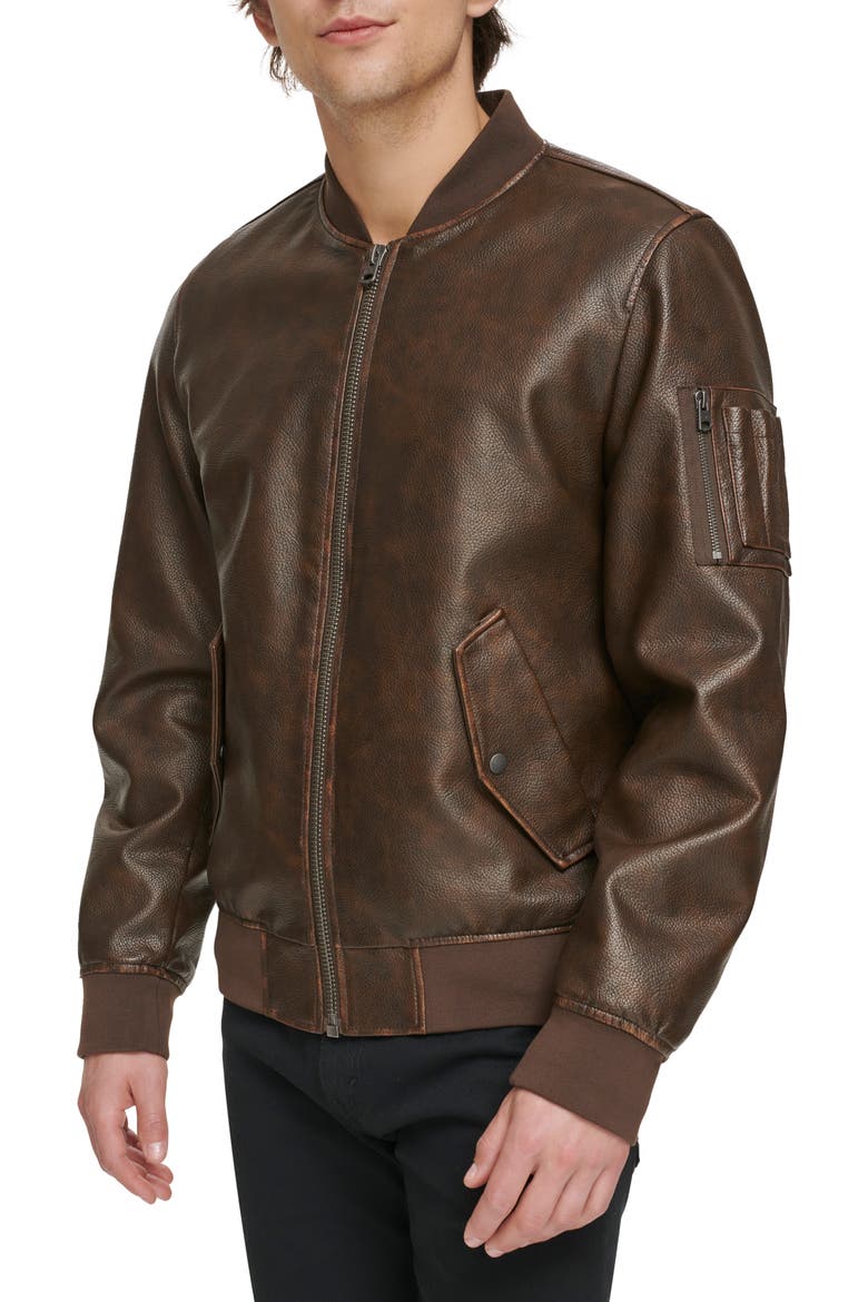 Varsity Faux Leather Bomber Jacket, Alternate, color, GRAINY COW BROWN