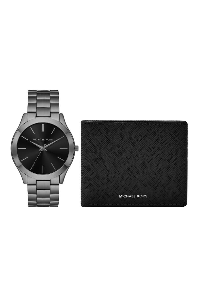 Slim Runway Bracelet Watch, 44mm & Wallet Set, Main, color, GUNMETAL