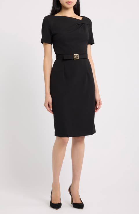 Asymmetric Neck Scuba Crepe Sheath Dress