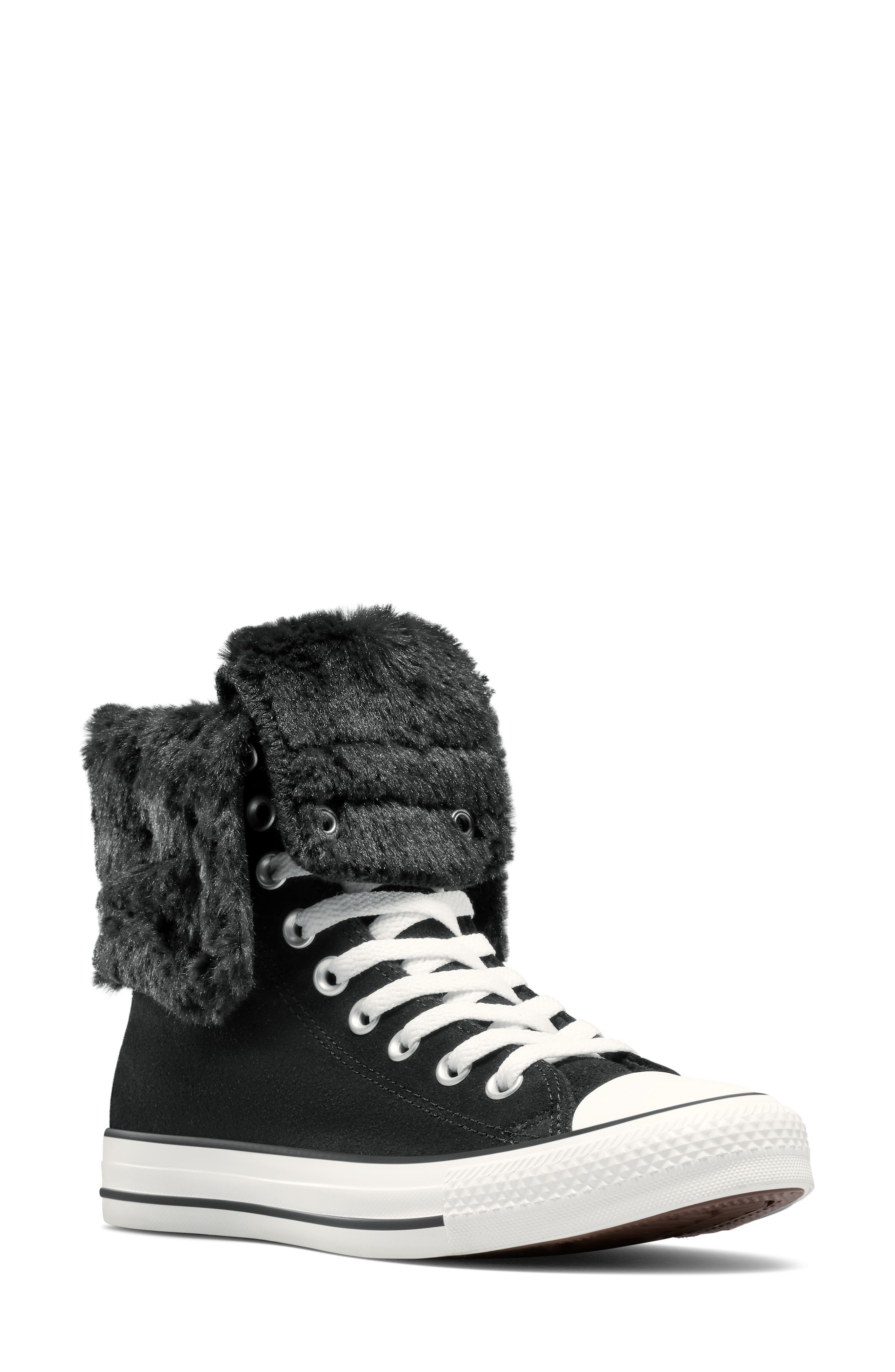 Converse Chuck Taylor All Star Faux Fur Foldover High Top Sneaker, Main, color, Black/ Black/ Egret