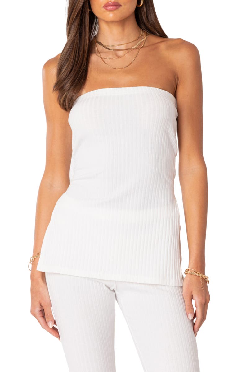 EDIKTED Dekota Ribbed Side Slit Strapless Top, Main, color, 