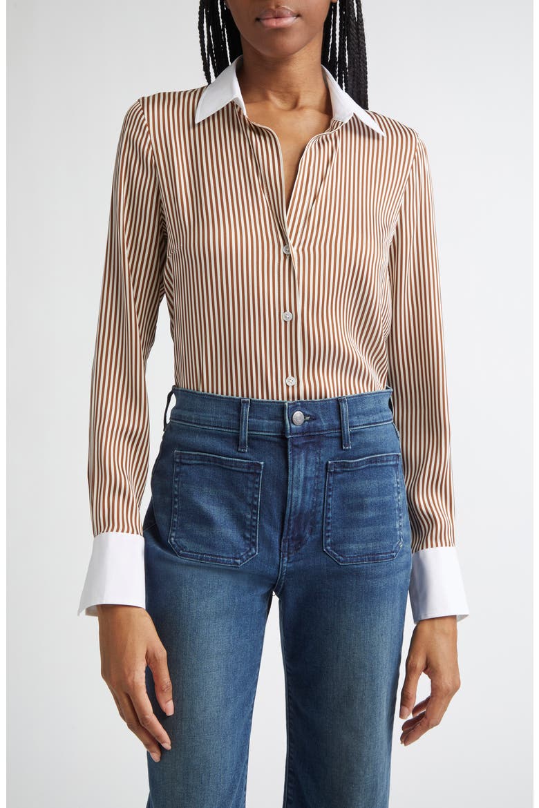 Amelia Stripe Silk Blend Button-Up Shirt, Main, color, WHISKY OFF WHITE